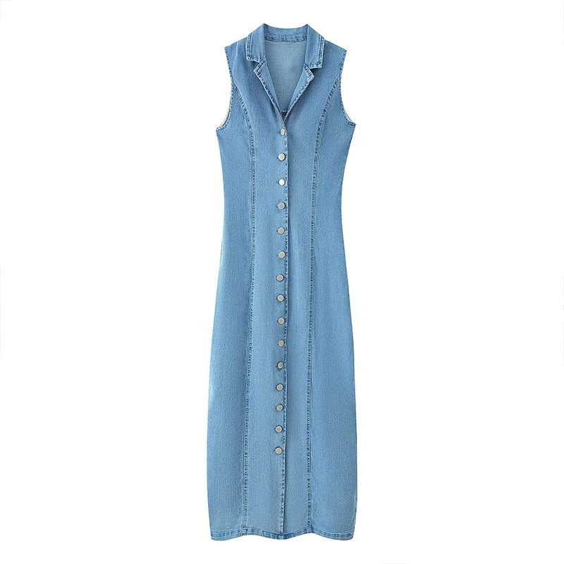 ZATRHMBM  New Fashion Button-Up Denim Dress Retro Casual Sleeveless Lapel Elegant Lady Fashion Dress