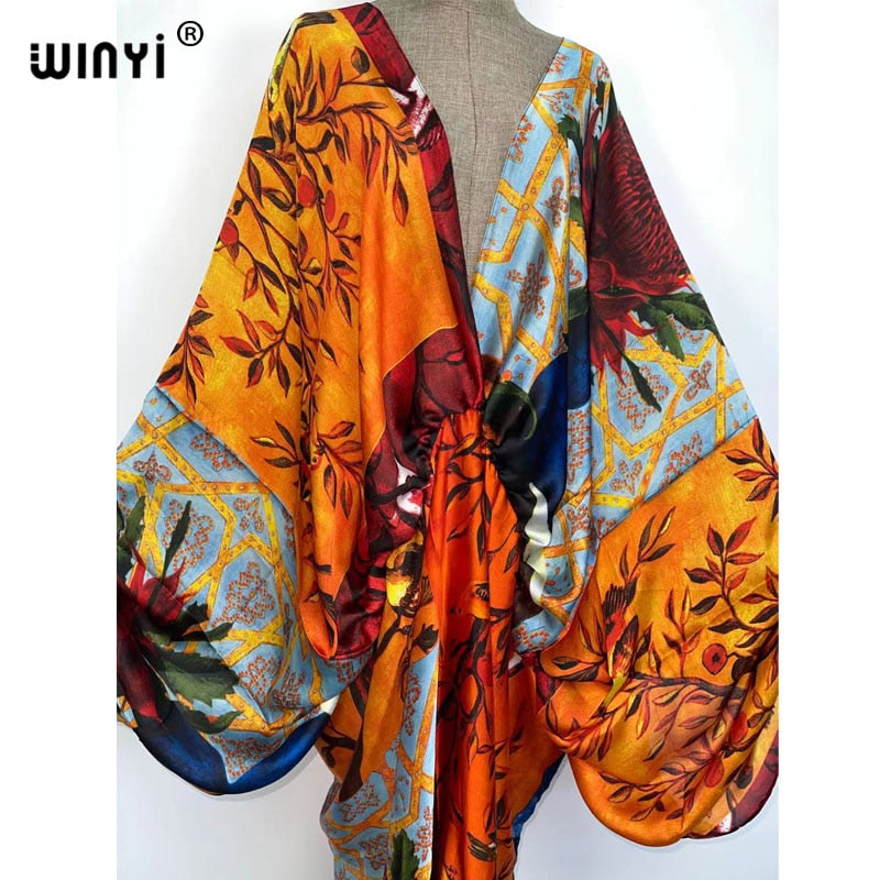 Sexy bech high-quality hand-rolled feel silk rayon fashion print 2021 WINYI Maxi women&#39;s robes long beach V-neck Bohemian dress