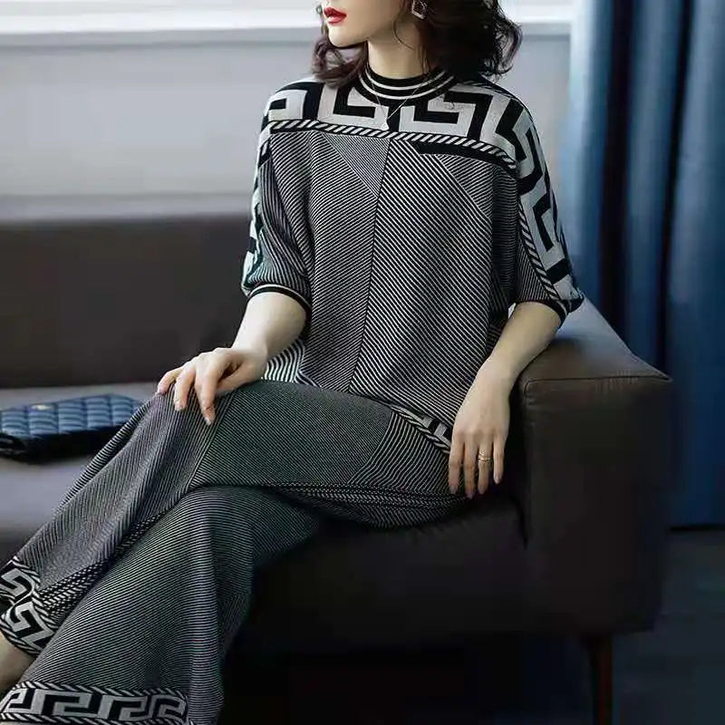 Two-piece Women Temperament Knitwear Clothing Set  Fashion New Autumn Loose Top+Wide Leg Pants Ladies Casual Clothing Sets