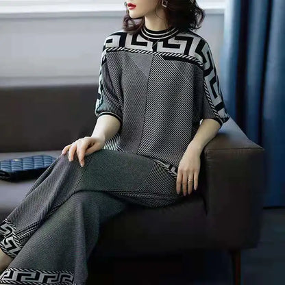 Two-piece Women Temperament Knitwear Clothing Set  Fashion New Autumn Loose Top+Wide Leg Pants Ladies Casual Clothing Sets
