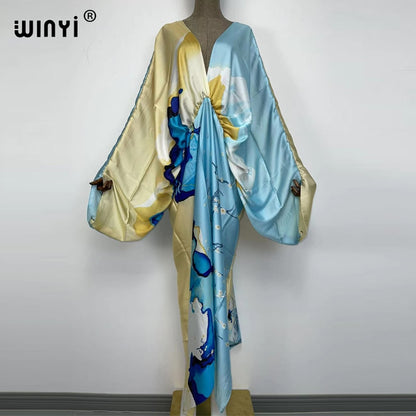 Sexy bech high-quality hand-rolled feel silk rayon fashion print  WINYI Maxi women's robes long beach V-neck Bohemian dress