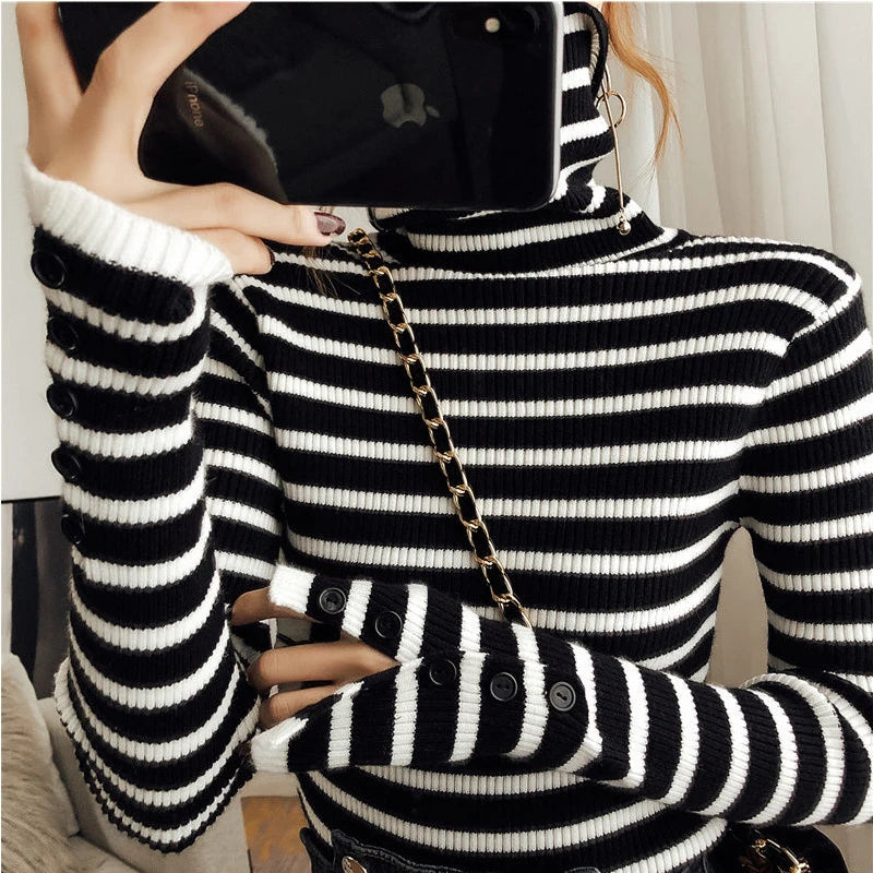 Turtle Neck Women Striped Sweater Autumn Winter New Korean Fashion Slim Pullover Basic Top Soft Knit Sweaters Long Sleeve Button