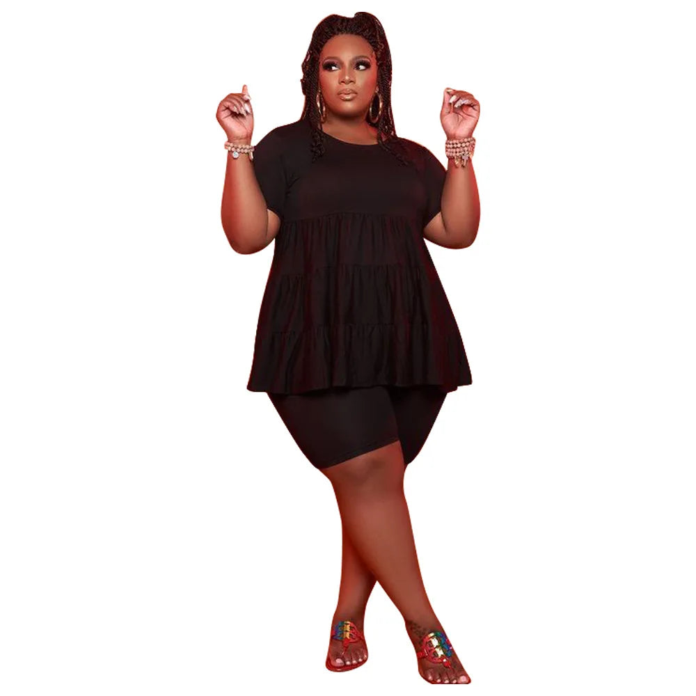 5XL Plus Size Two Piece Set Wholesale Shorts Sets Fashion Solid Loose Crop Top Leggings Sweet Casual Matching Set Dropshipping