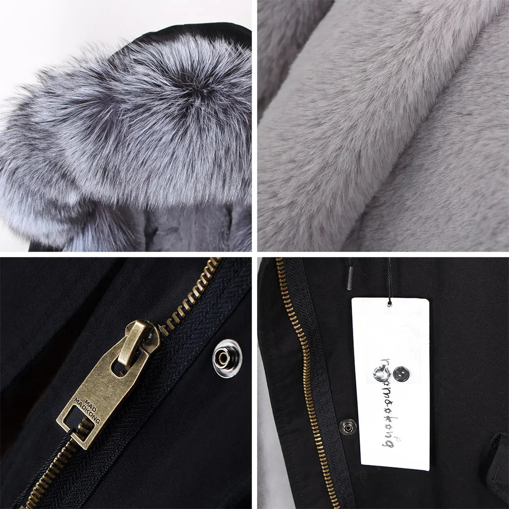 MAOMAOKONG 2023 Winter Women Coat Natural Fox Fur Collar Cuff Black Jackets Outwear Thick Luxury Real Fur Parka Women's Fur Coat