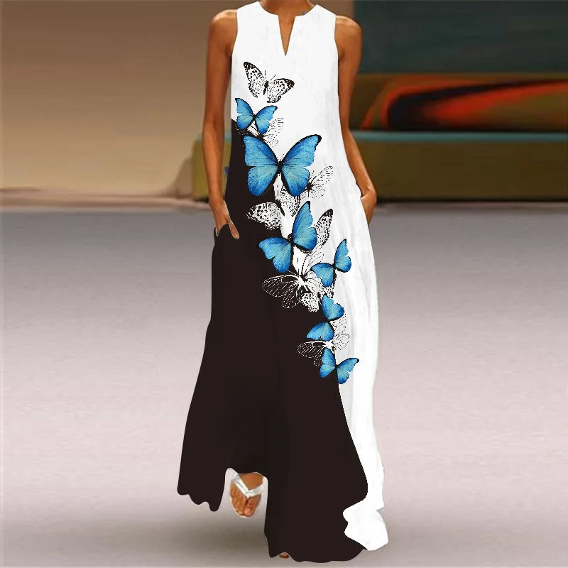 Sexy V-neck Sleeveless Dress For Women Summer Fashion Sundress Retro Print Long Dresses With Pocket Maxi Dress Femme Vestidos