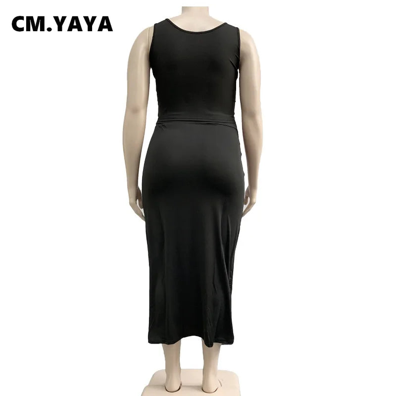 CM.YAYA Women Sets Plus Size Solid Tank Tops Bandage Sheath Elastic Long Skirts Two 2 Piece Set Tracksuit Summer Outfit 2021