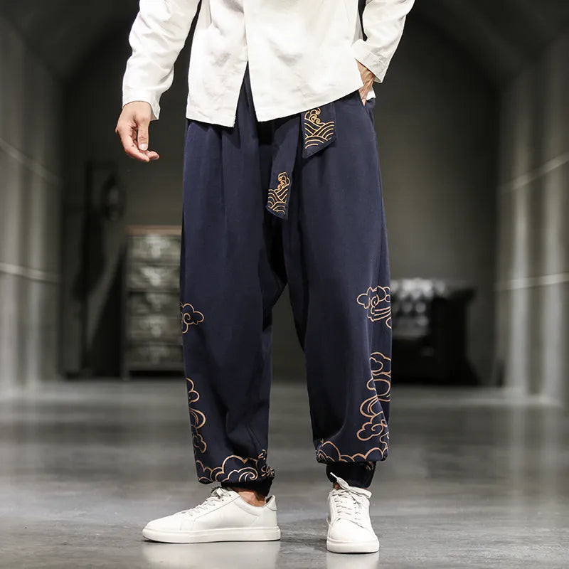 Chinese Style Retro Auspicious Clouds Print Pants Men Clothing Autumn Fashion Clothes Loose Casual Pants Plus Size Harem Pants
