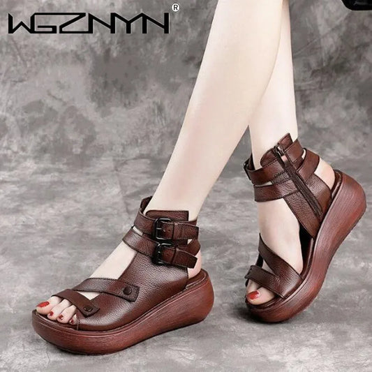 2023 Fish Mouth High Quality Soft PU Leather And Cowhide Summer Roman Shoes Women Sandals Platform Heighten Shoe Wedges Sandals