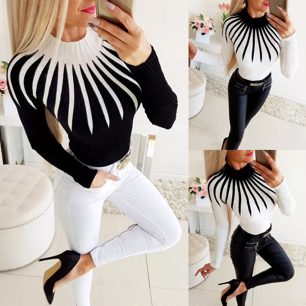 Fashion Bodycon Black White Women Pullover 2021 Autumn Winter Color Matching Knitting Female Turleneck Long Sleeve Sexy Sweater