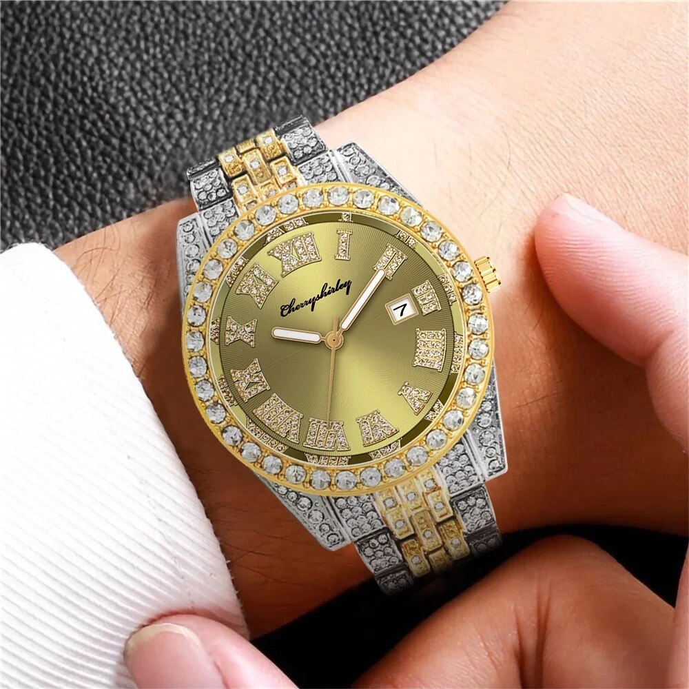 Men Iced Out Watches Luxury Full Diamond Gold Stainless Steel Quartz Wristwatches Clock Gift Relogio Masculino