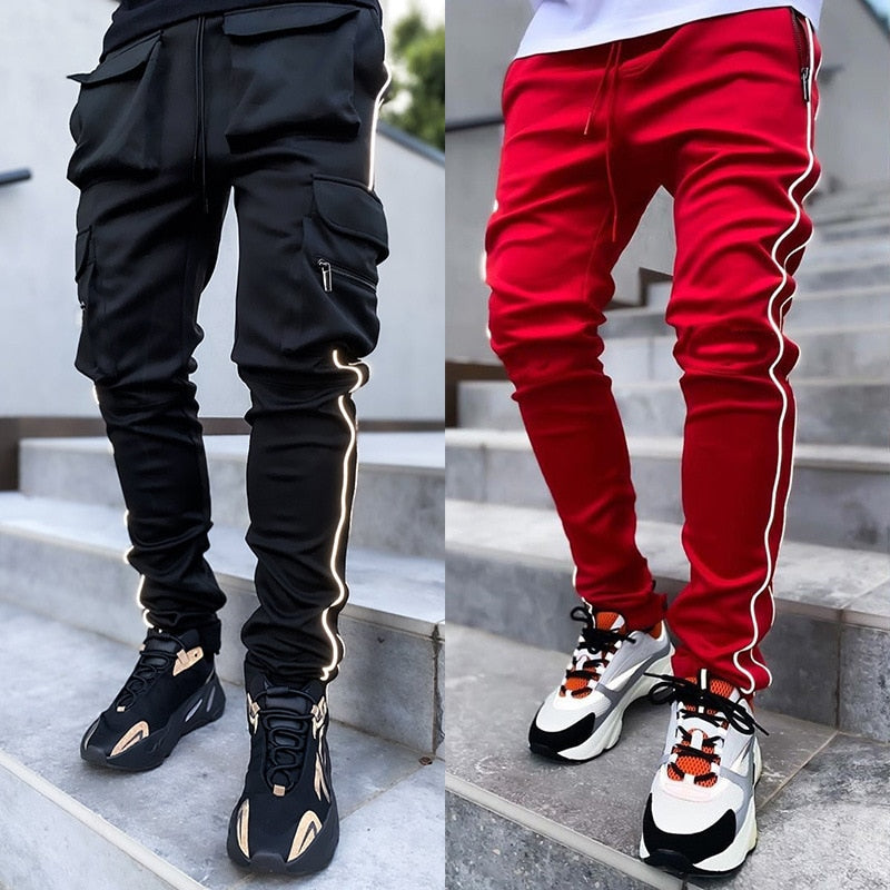 GODLIKEU Pantaloni cargo primăvară toamnă bărbați elastici cu mai multe buzunare reflectorizante drepte sport fitness pantaloni casual pantaloni de jogging