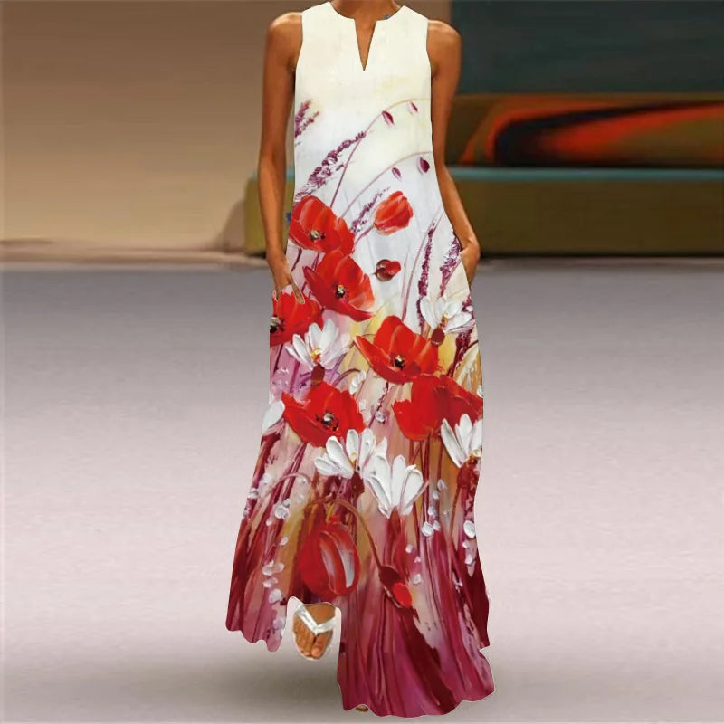 Sexy V-neck Sleeveless Dress For Women Summer Fashion Sundress Retro Print Long Dresses With Pocket Maxi Dress Femme Vestidos