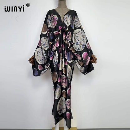 Sexy bech high-quality hand-rolled feel silk rayon fashion print  WINYI Maxi women's robes long beach V-neck Bohemian dress