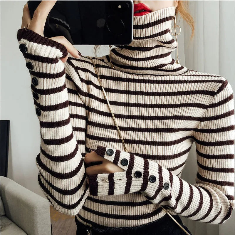 Turtle Neck Women Striped Sweater Autumn Winter New Korean Fashion Slim Pullover Basic Top Soft Knit Sweaters Long Sleeve Button