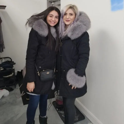 MAOMAOKONG  Winter Women Coat Natural Fox Fur Collar Cuff Black Jackets Outwear Thick Luxury Real Fur Parka Women's Fur Coat
