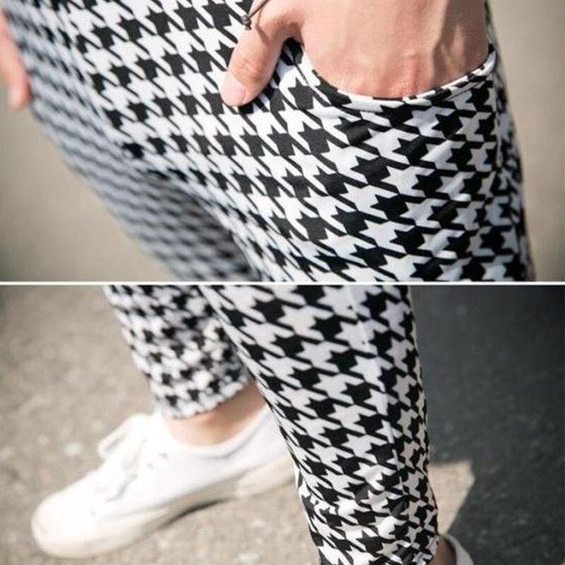 Korean large size men&#39;s men&#39;s fashion houndstooth tide men&#39;s pants summer harem pants casual trousers performance nightclub