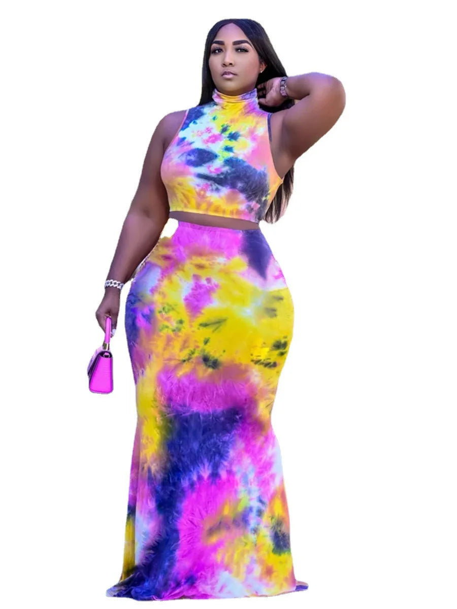 XL-5XL Plus Size Sets Women Clothing Summer 2022 Sexy Tie Dye Sleeveless Top And Long Skirt 2 Two piece set dress suit Wholesale