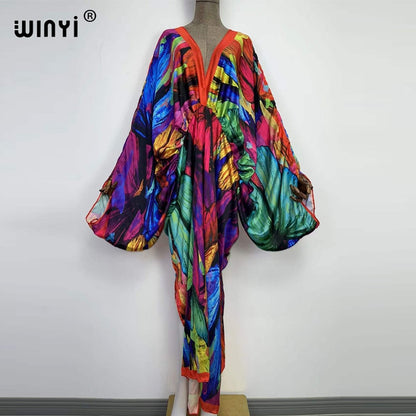 Sexy bech high-quality hand-rolled feel silk rayon fashion print  WINYI Maxi women's robes long beach V-neck Bohemian dress