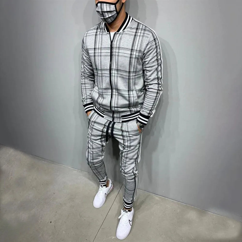 Mens Tracksuits Colorful Plaid Casual Zipper Hoodie Set 3D Print Set New Autumn Male Sweatshirt Clothes For Men