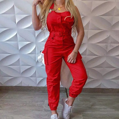 Jumpsuits Women Casual Cargo Playsuit Sleeveless O Neck Jumpsuit With Pocket and Belt Elegant Pencil Pants Loose Overalls