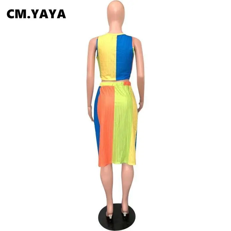 CM.YAYA Women Plus Size Set Patchwork Crop Tanks Tops Drawstring Waist Midi Skirts Two 2 Piece Sets Sexy Fashion Outfit Summer