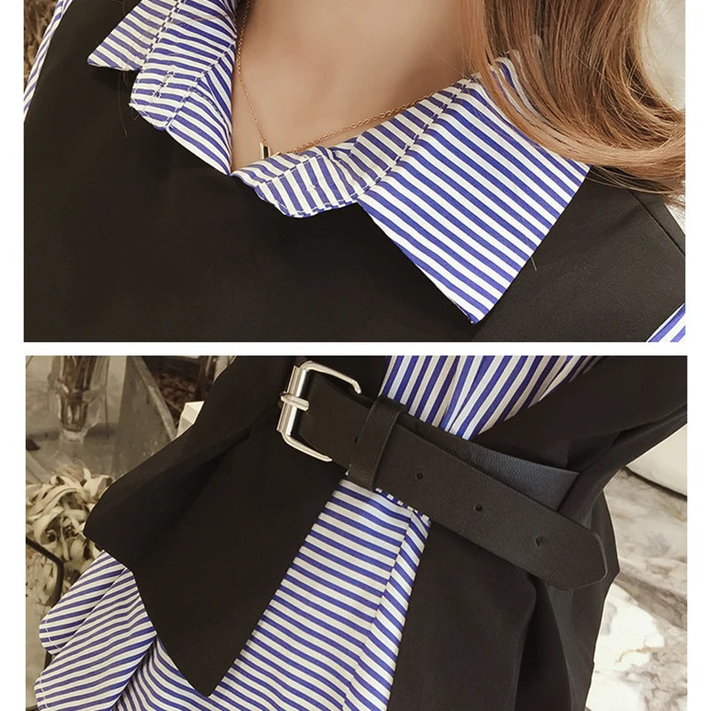 Two Piece Blouse Women Long Sleeve Vest And Blouse Korean Stripe Shirts Spring Autumn Tops blusas mujer