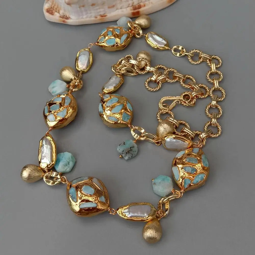 KKGEM natural blue larimar chips beads  natural Cultured White Biwa Pearl pave Gold Plated Chain Long Necklace 30"