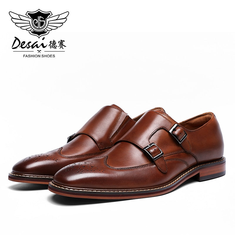 DESAI Monk Strap Slip on Genuine Leather Business Handmade Dress Brogue Shoes for Men with Buckle