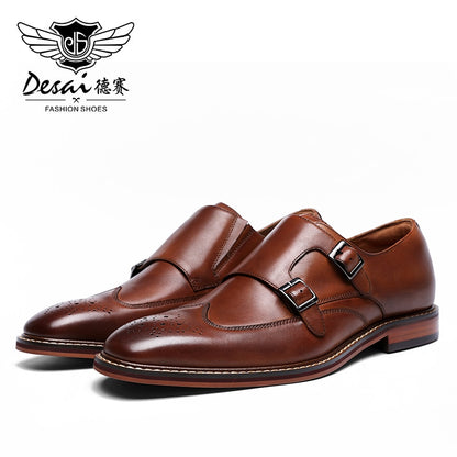 DESAI Monk Strap Slip on Genuine Leather Business Handmade Dress Brogue Shoes for Men with Buckle