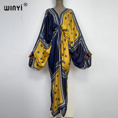 Sexy bech high-quality hand-rolled feel silk rayon fashion print  WINYI Maxi women's robes long beach V-neck Bohemian dress