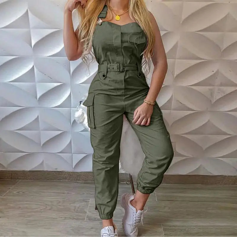 2021 Jumpsuits Women Casual Cargo Playsuit Sleeveless O Neck Jumpsuit With Pocket and Belt Elegant Pencil Pants Loose Overalls