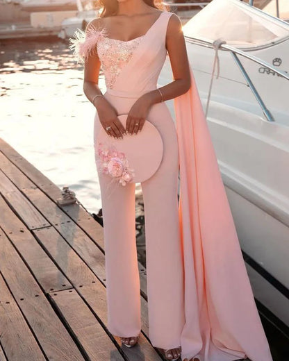 New sequined feather one-shoulder pink evening dress for ladies elegant sexy nightclub pants jumpsuit