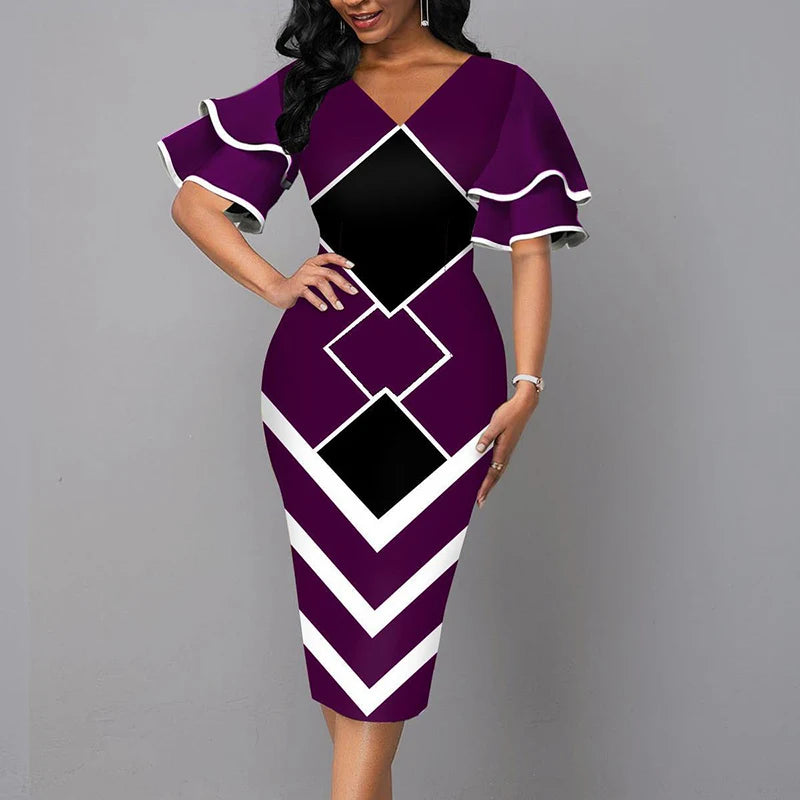 Elegant Women Dress 2021 Summer Fashion V Neck Short Sleeve Sexy Slim Dress Vintage Patchwork Casual Lady Party Dresses Vestido