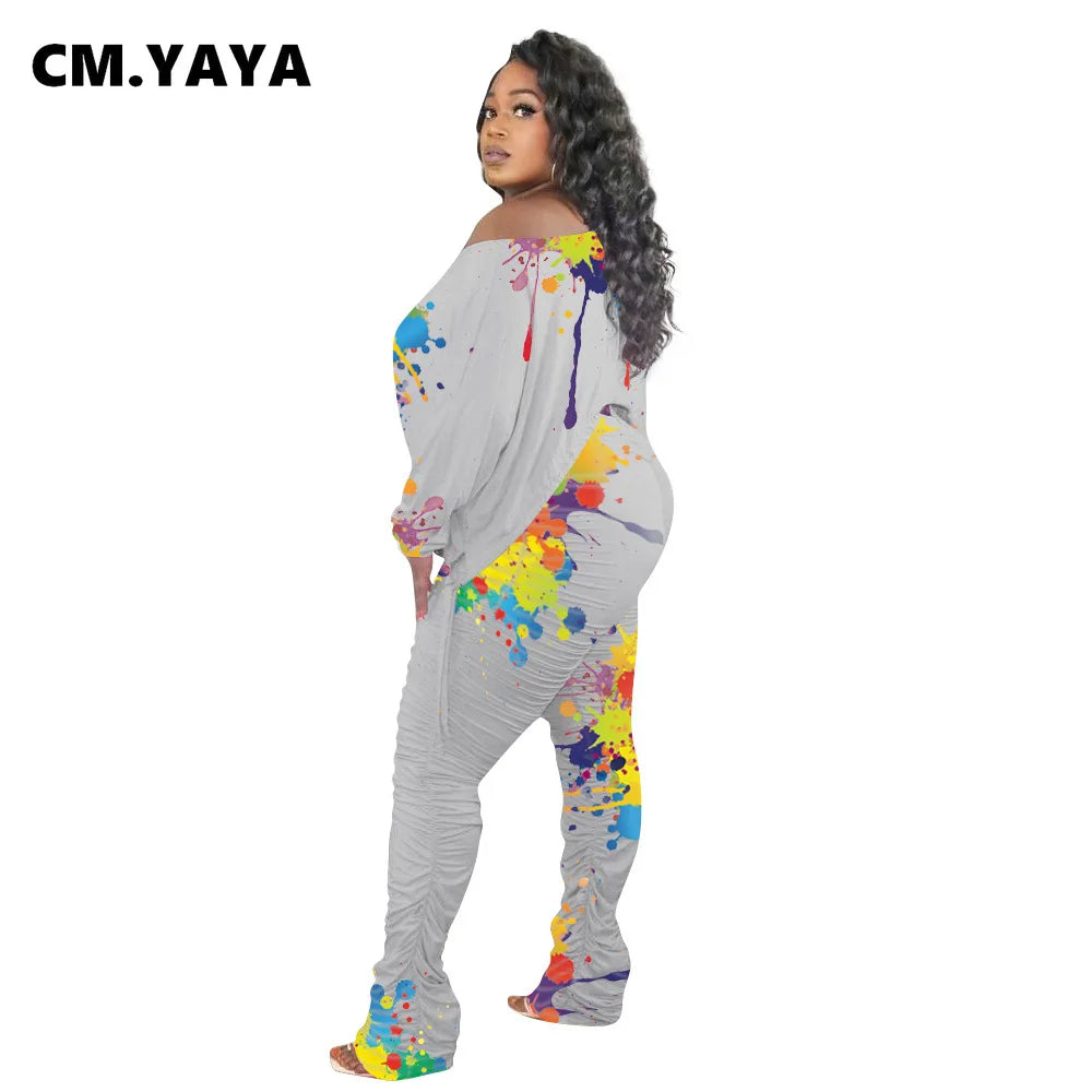 Lemon Gina Women Plus Size Tracksuit Splash Ink Crop Shirring Tops + Pants Two 2 Piece Sets Active Sportswear Casual Autumn