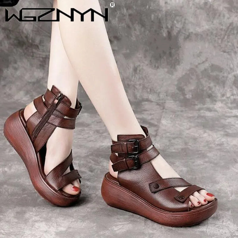 2023 Fish Mouth High Quality Soft PU Leather And Cowhide Summer Roman Shoes Women Sandals Platform Heighten Shoe Wedges Sandals