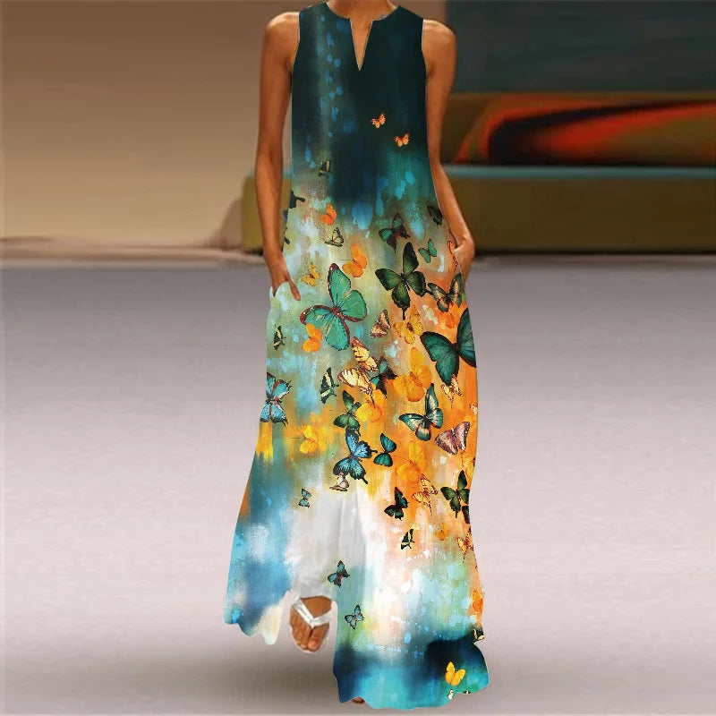 Sexy V-neck Sleeveless Dress For Women Summer Fashion Sundress Retro Print Long Dresses With Pocket Maxi Dress Femme Vestidos