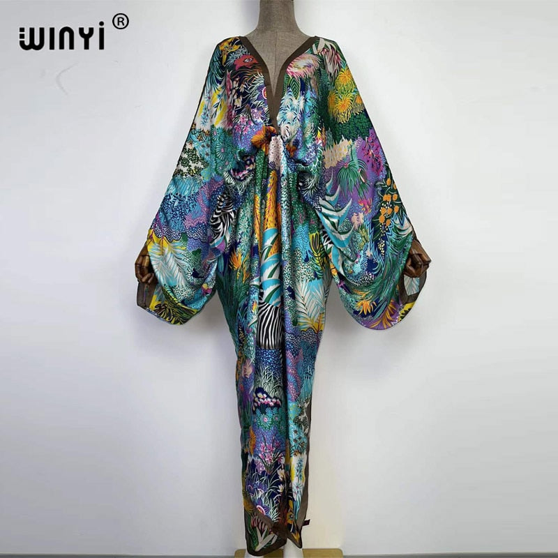 Sexy bech high-quality hand-rolled feel silk rayon fashion print  WINYI Maxi women's robes long beach V-neck Bohemian dress