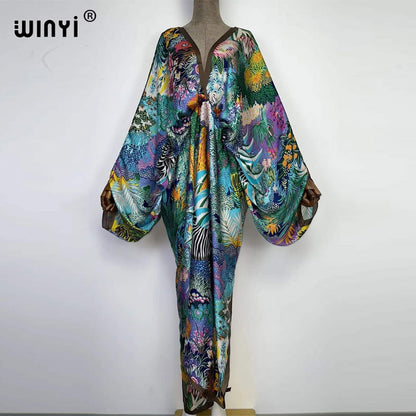 Sexy bech high-quality hand-rolled feel silk rayon fashion print  WINYI Maxi women's robes long beach V-neck Bohemian dress