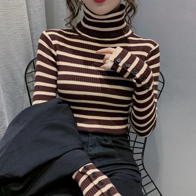 Turtle Neck Women Striped Sweater Autumn Winter New Korean Fashion Slim Pullover Basic Top Soft Knit Sweaters Long Sleeve Button