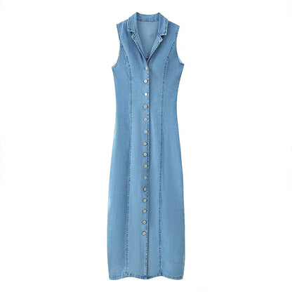 ZATRHMBM  New Fashion Button-Up Denim Dress Retro Casual Sleeveless Lapel Elegant Lady Fashion Dress