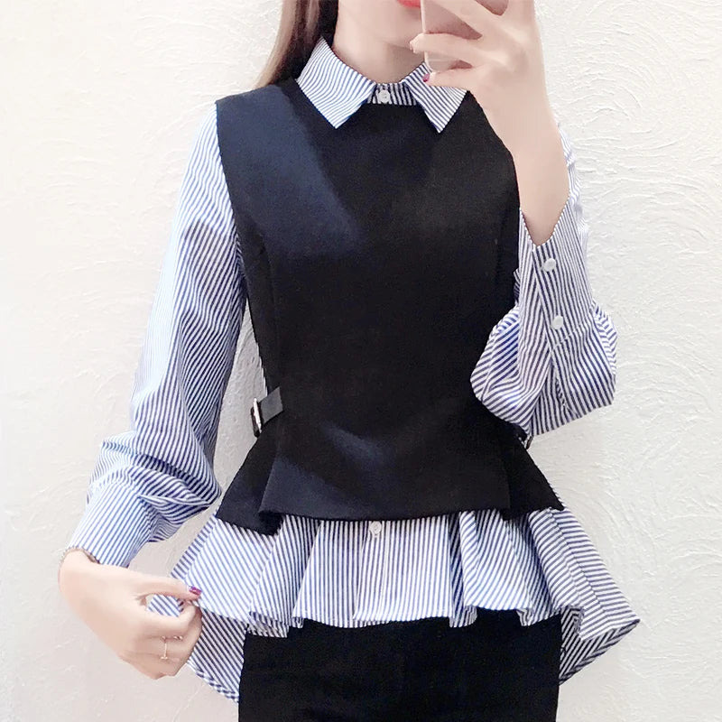 Two Piece Blouse Women Long Sleeve Vest And Blouse Korean Stripe Shirts Spring Autumn Tops blusas mujer