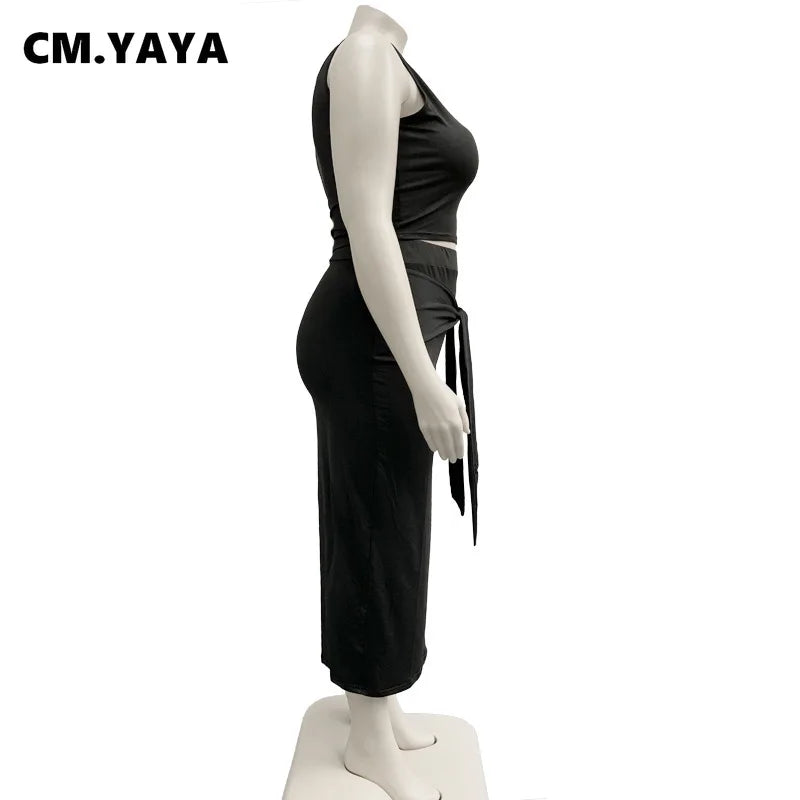 CM.YAYA Women Sets Plus Size Solid Tank Tops Bandage Sheath Elastic Long Skirts Two 2 Piece Set Tracksuit Summer Outfit 2021