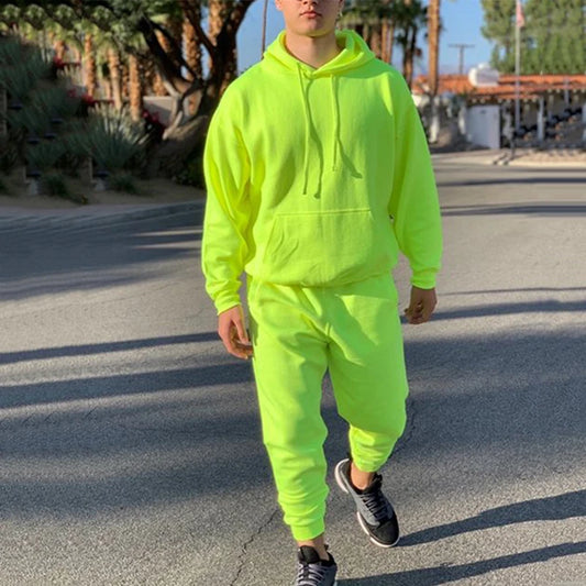 Neon Green Style Men's Fashion Tracksuit Solid 2 Pieces Long Sleeve Hoody+Loose Swearpants Casual Sportsuit Men  Newest OMSJ