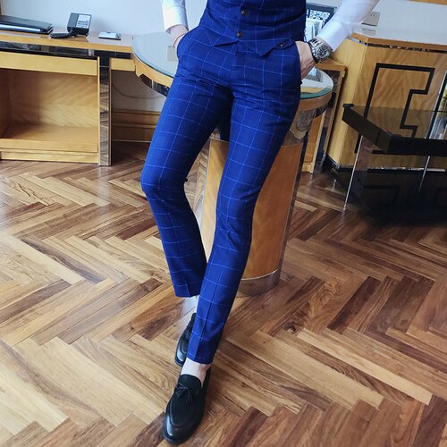 2021Autumn New Men&#39;s suit pants slim plaid slim suit trousers men&#39;s fashion cotton plaid  business casual suit trousers