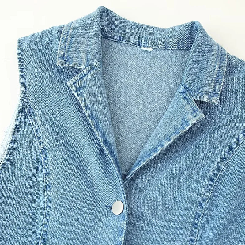 ZATRHMBM  New Fashion Button-Up Denim Dress Retro Casual Sleeveless Lapel Elegant Lady Fashion Dress