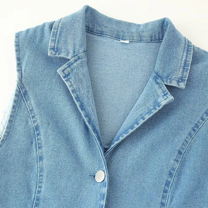 ZATRHMBM  New Fashion Button-Up Denim Dress Retro Casual Sleeveless Lapel Elegant Lady Fashion Dress