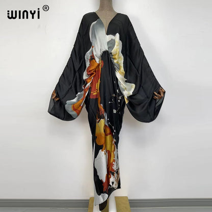 Sexy bech high-quality hand-rolled feel silk rayon fashion print  WINYI Maxi women's robes long beach V-neck Bohemian dress
