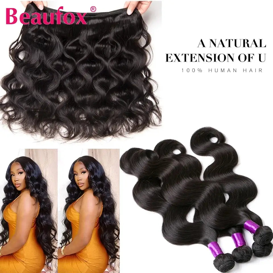 Beaufox Body Wave Bundles mit Verschluss Brasilianisches Echthaar-Gewebe 3/4 Bundles mit Verschluss Natürliches Echthaar Bundles mit Verschluss