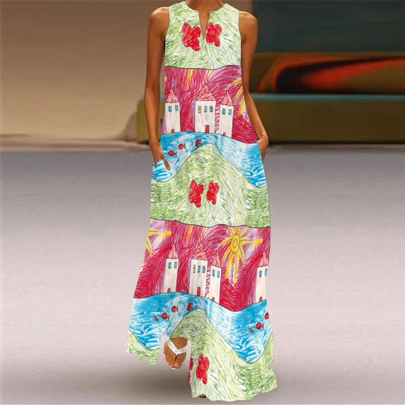 Sexy V-neck Sleeveless Dress For Women Summer Fashion Sundress Retro Print Long Dresses With Pocket Maxi Dress Femme Vestidos