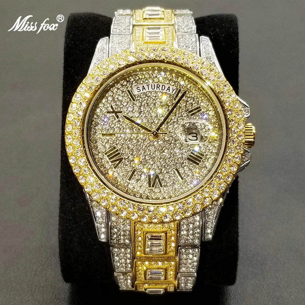 Vollvergoldete Eisuhr für Herren, Luxuriöse goldene Hip-Hop-Diamant-Quarz-Herrenuhren, Wasserdicht, Tagesdatum, Bestsellerprodukt 2023